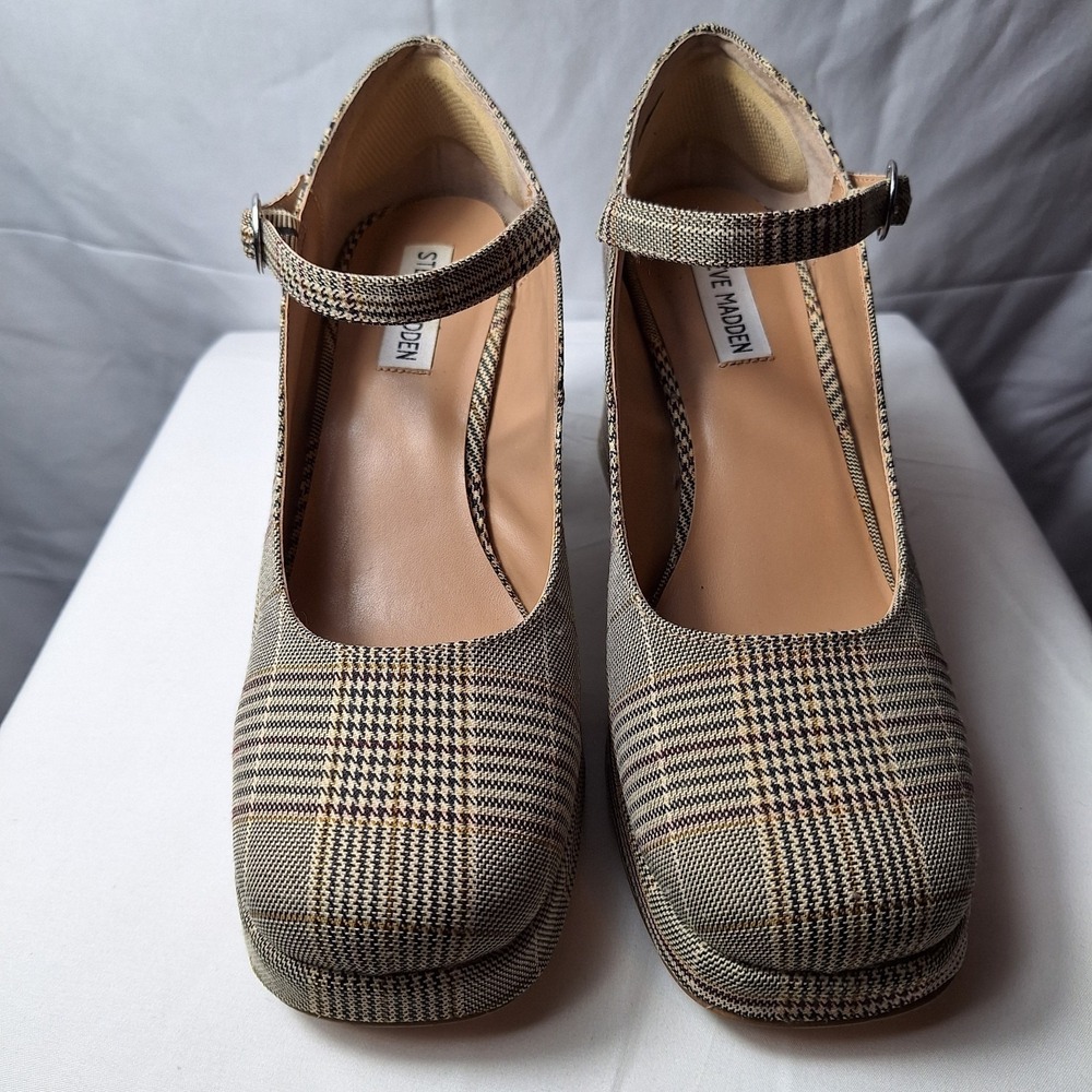 STEVE MADDEN Mingle Mary Jane Shoe Sz 8.5M Plaid Prep Chunky Block Heel 90s Y2K - Picture 2 of 10